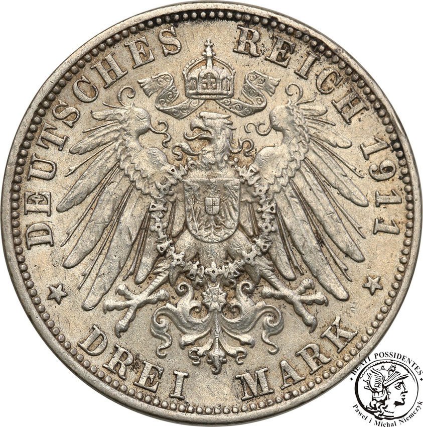 Niemcy, Bawaria. 3 marki 1911 D